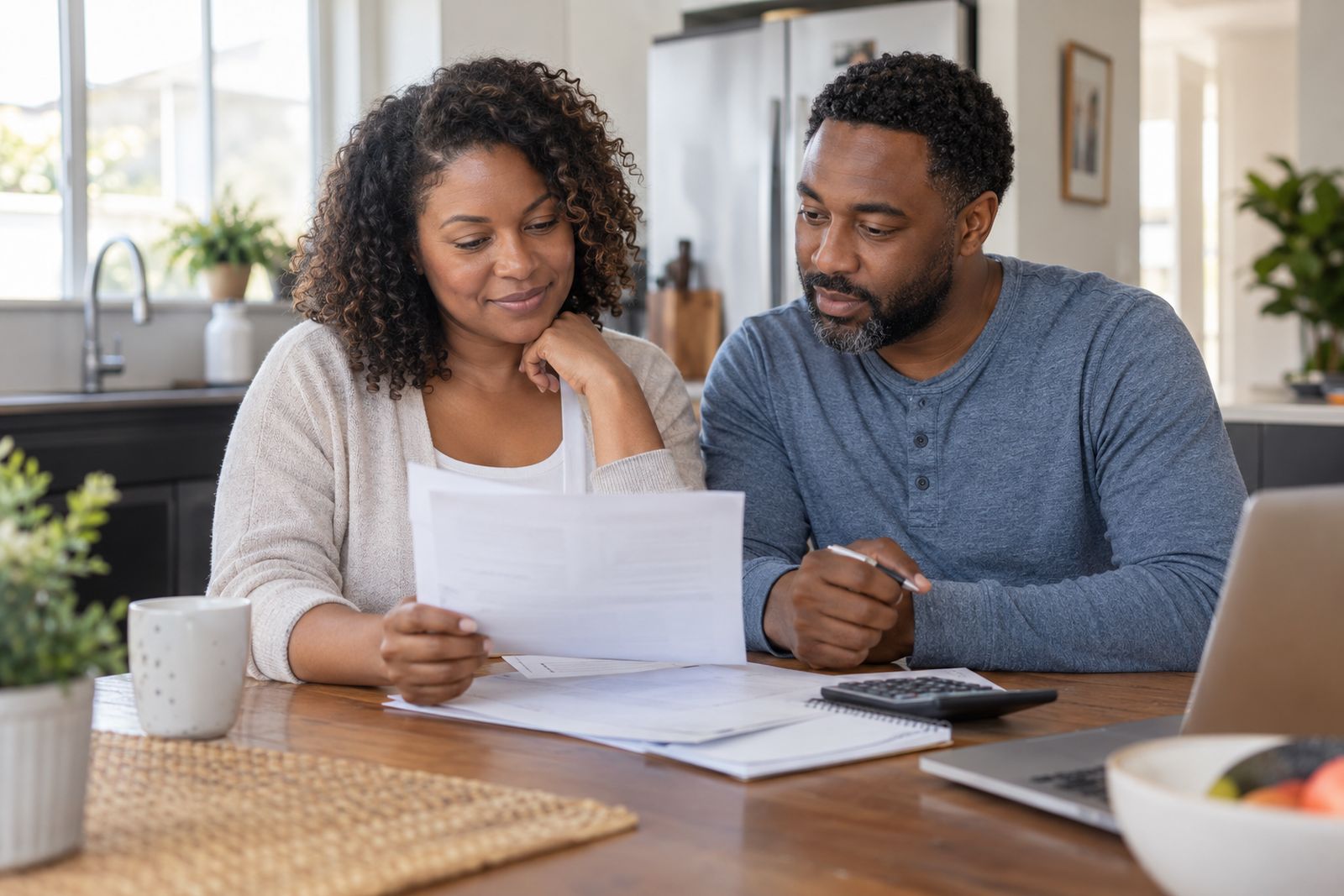 Couple reviewing their auto insurance renewal at the kitchen table