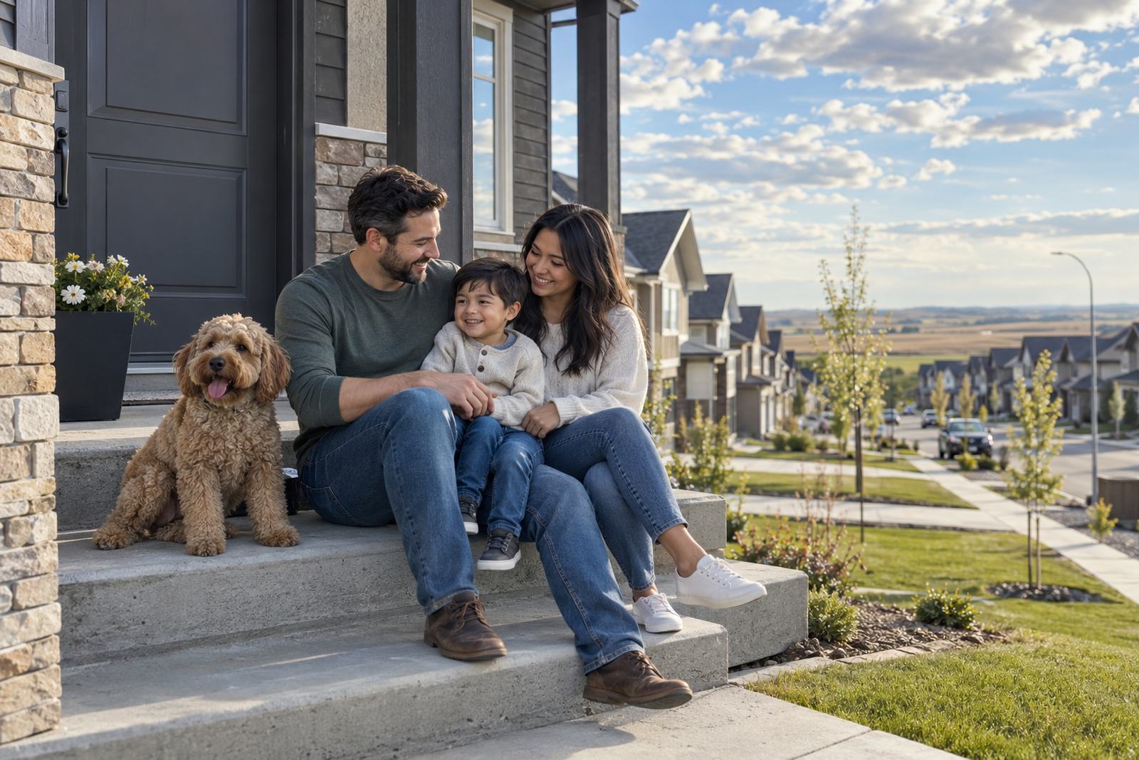 Young family outside their new home in Airdrie