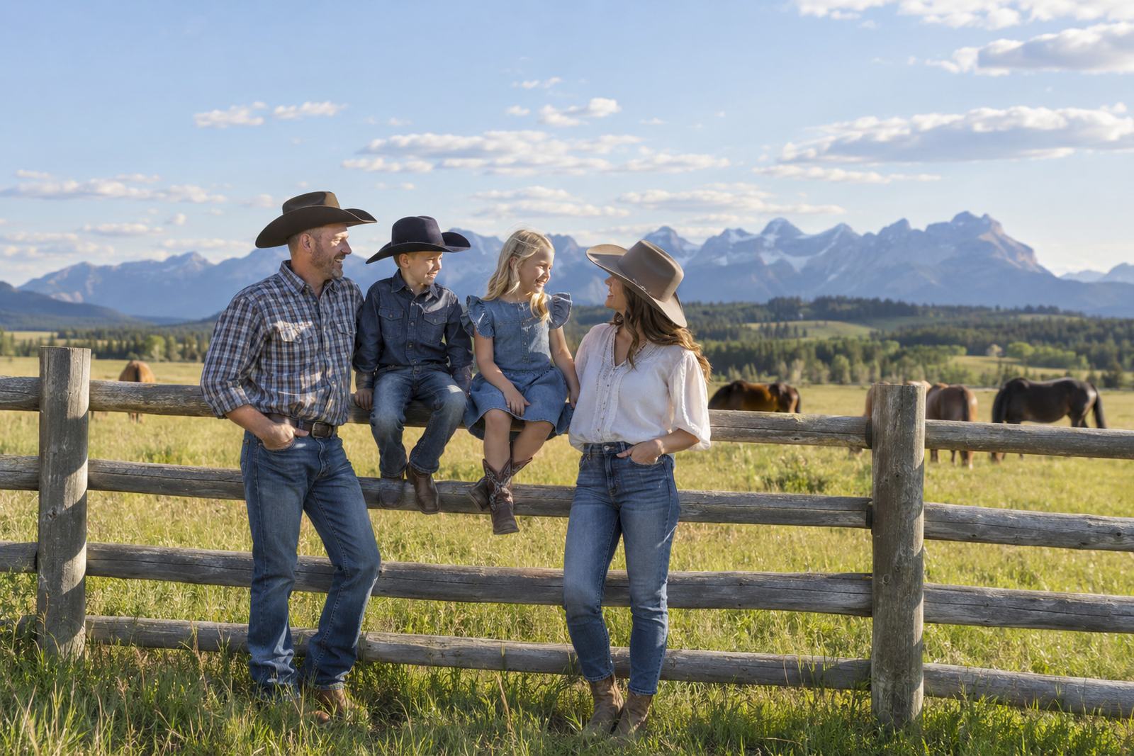 Family at a ranch in the Alberta foothills with the Rockies behind