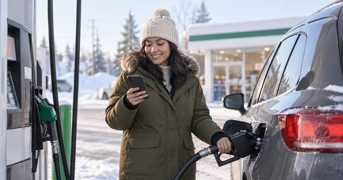 Driver checking her car budget at a gas station