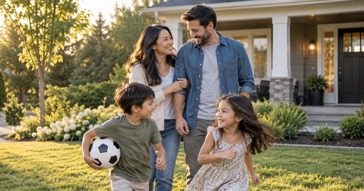 Family standing in front of their home