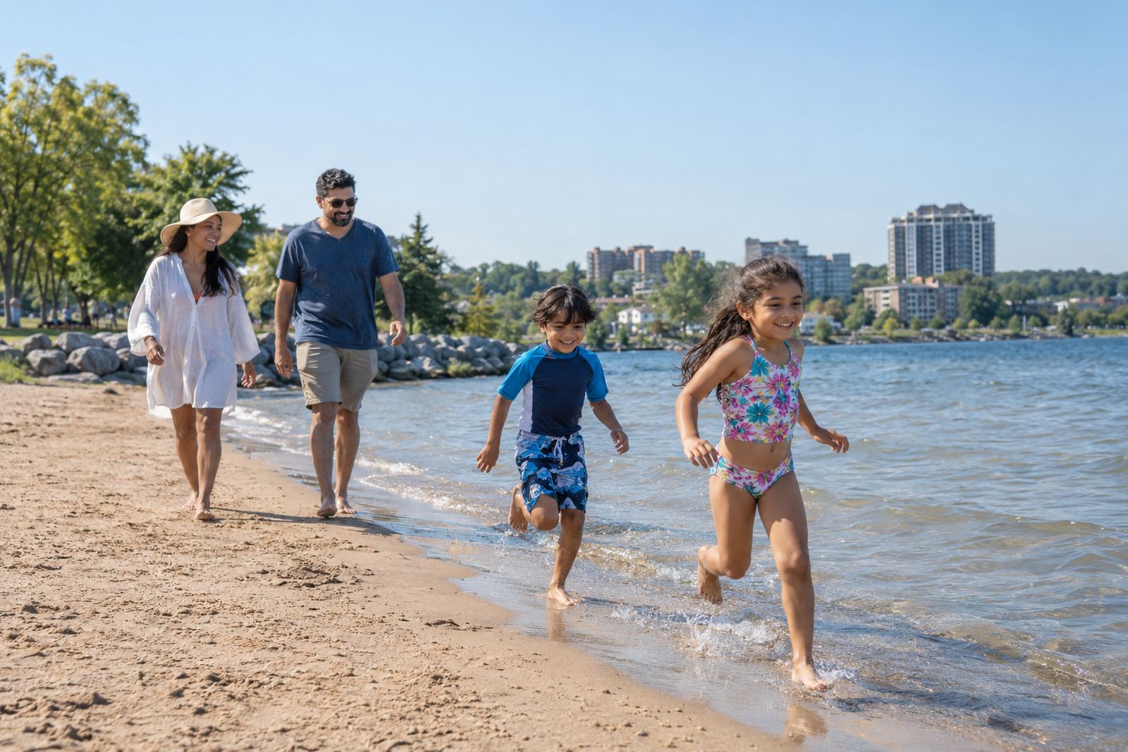 Family on the Kempenfelt Bay waterfront in Barrie