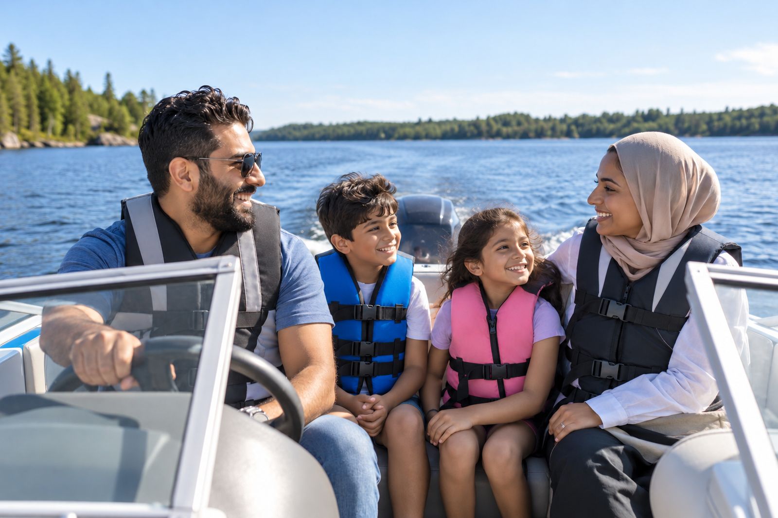 Family in life jackets on a boat on the lake