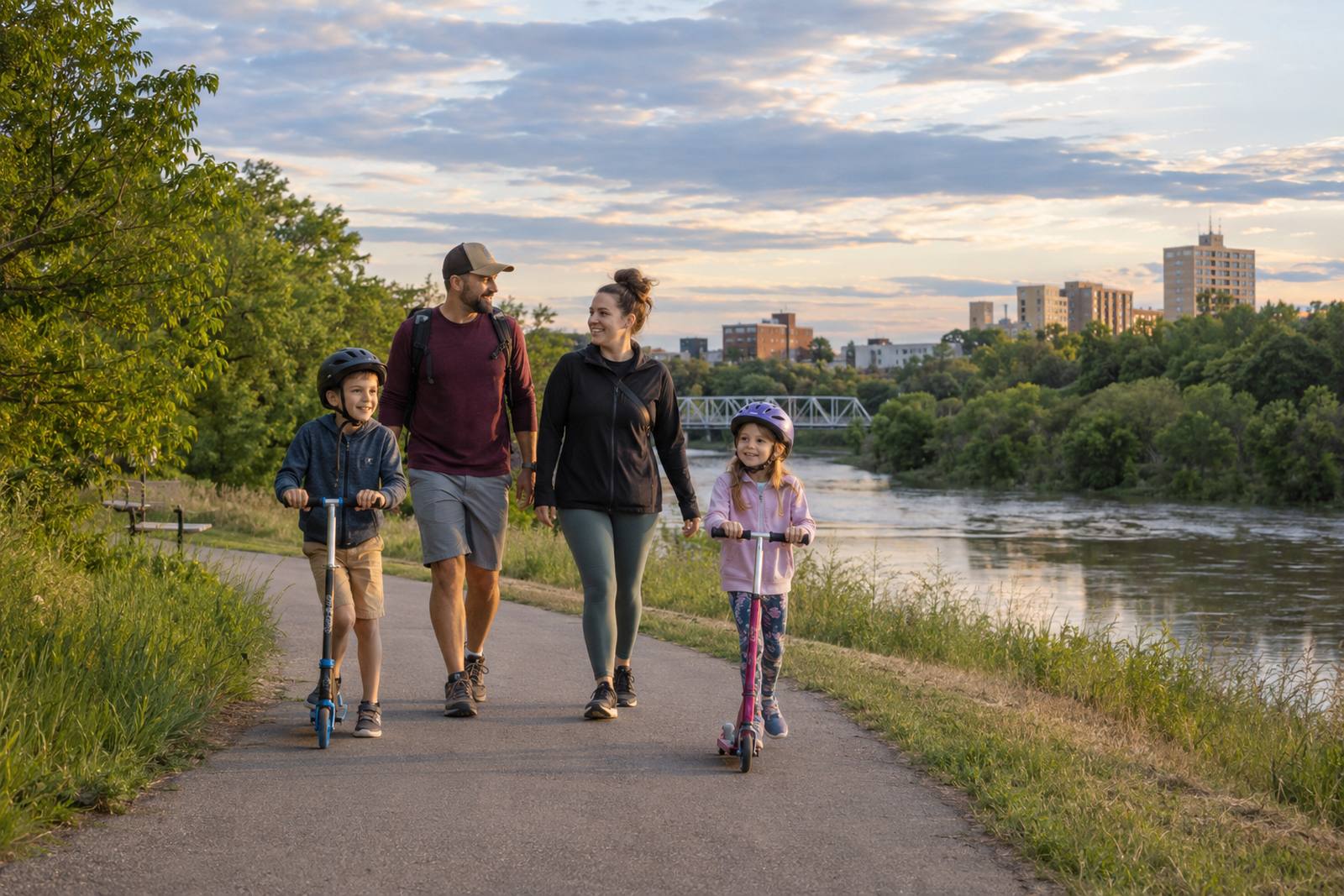 Family walking a riverbank trail in Brandon