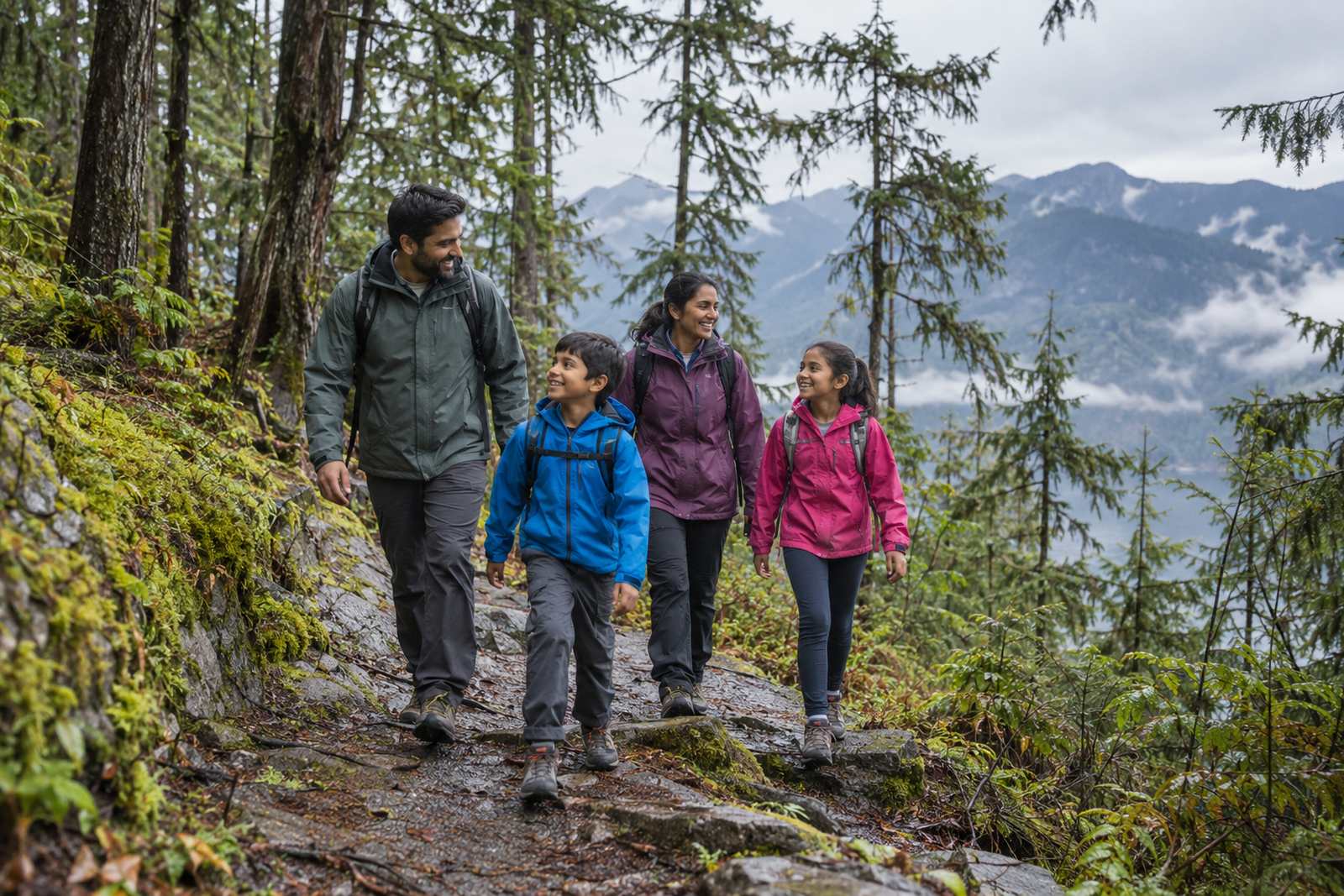 Family hiking a forest trail in British Columbia
