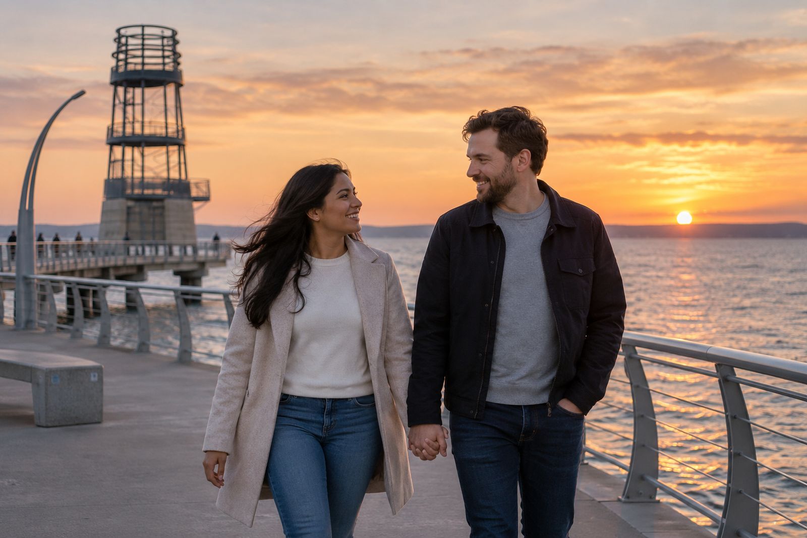 Couple on the Burlington waterfront pier at sunset