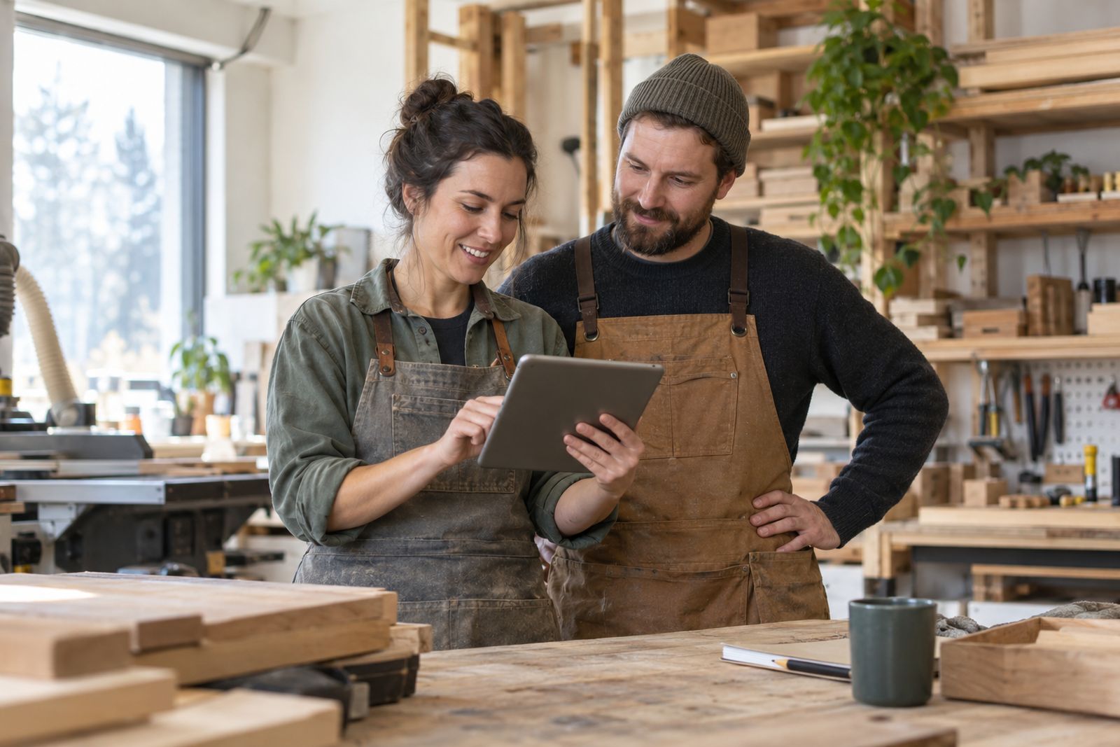 Two small business owners reviewing an order in their workshop