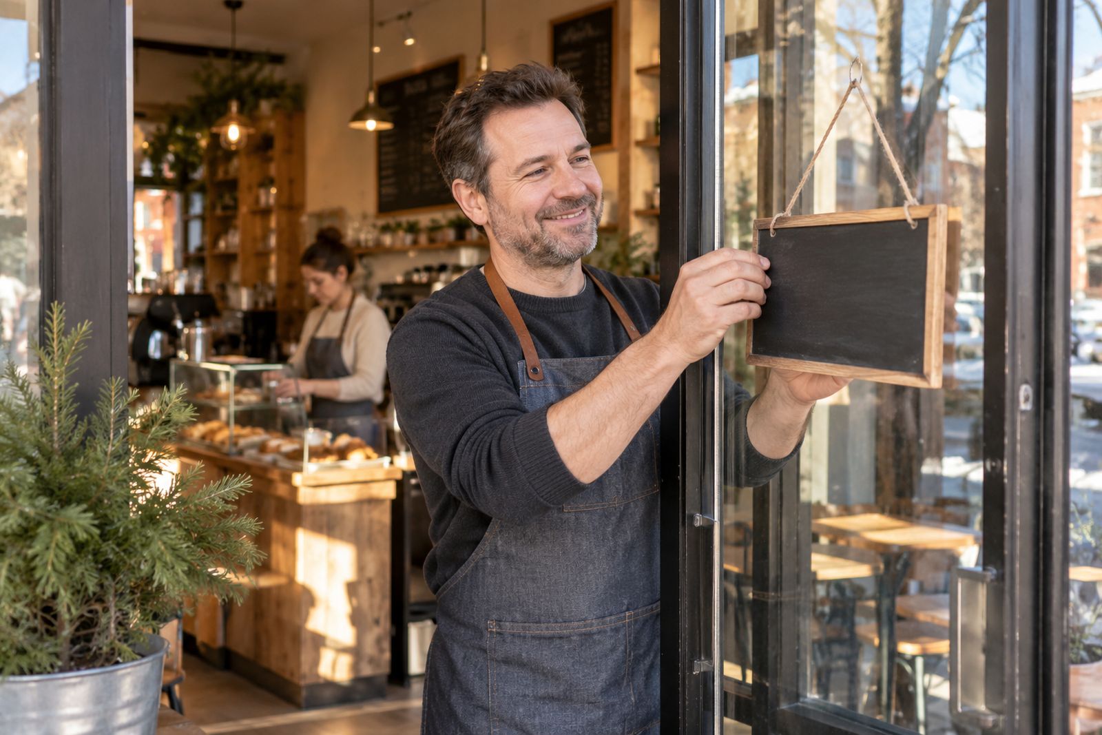Café owner opening his small business in the morning