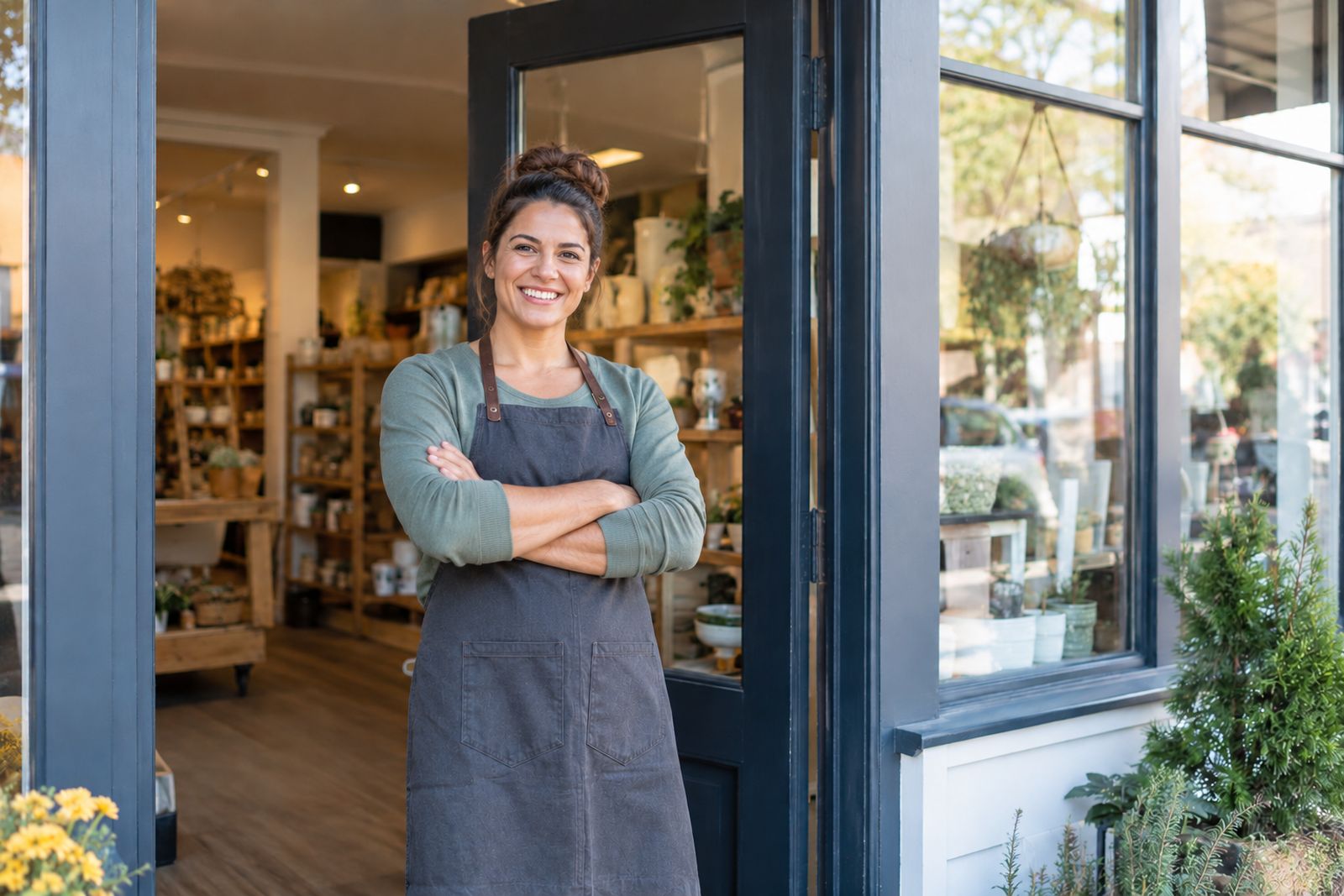 Local shop owner standing in her doorway
