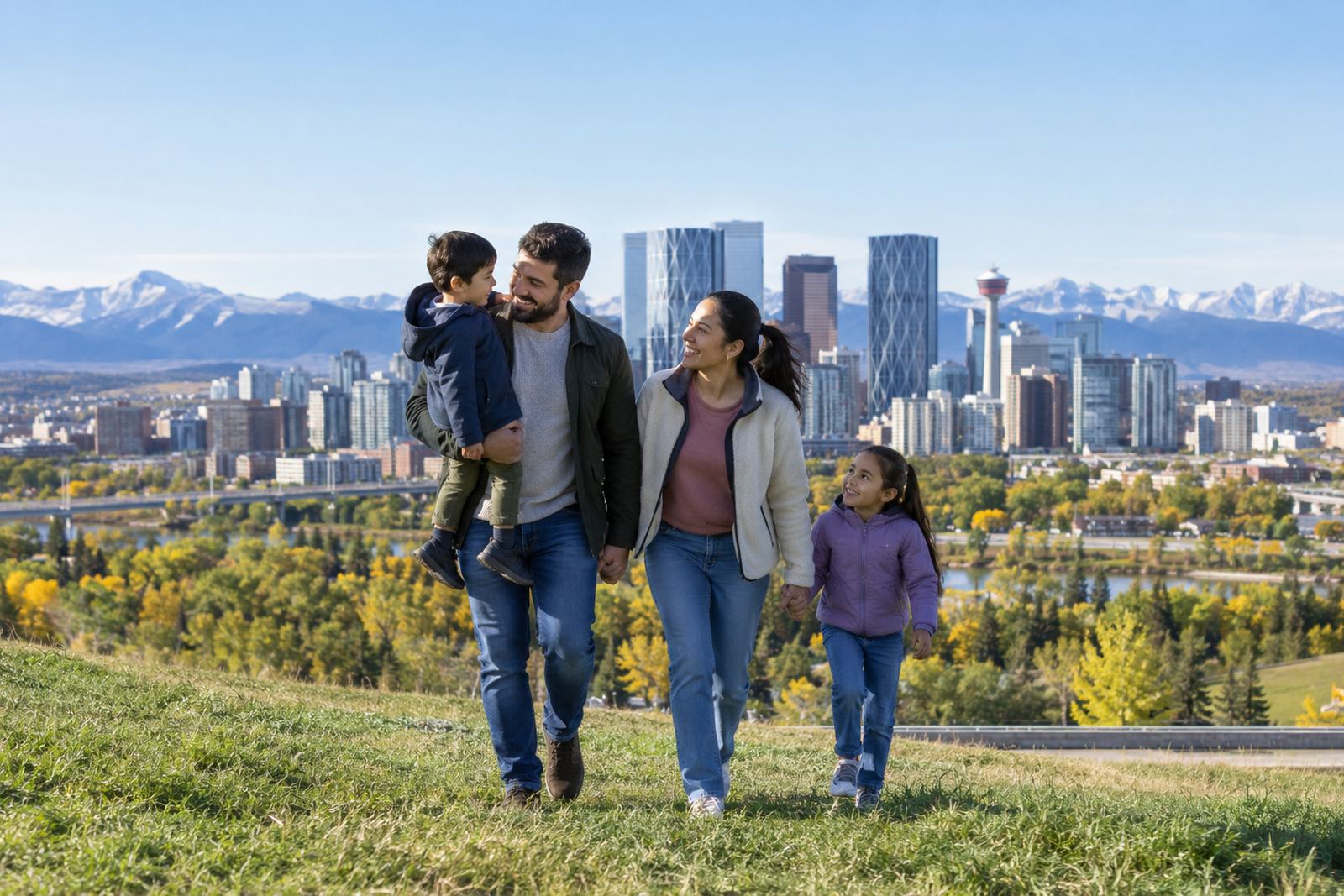 Family in a Calgary park with the skyline and Rockies behind