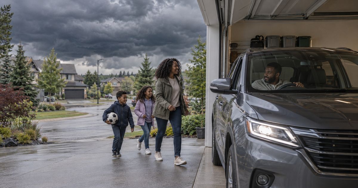 Family moving their car into the garage as a hailstorm approaches in Calgary