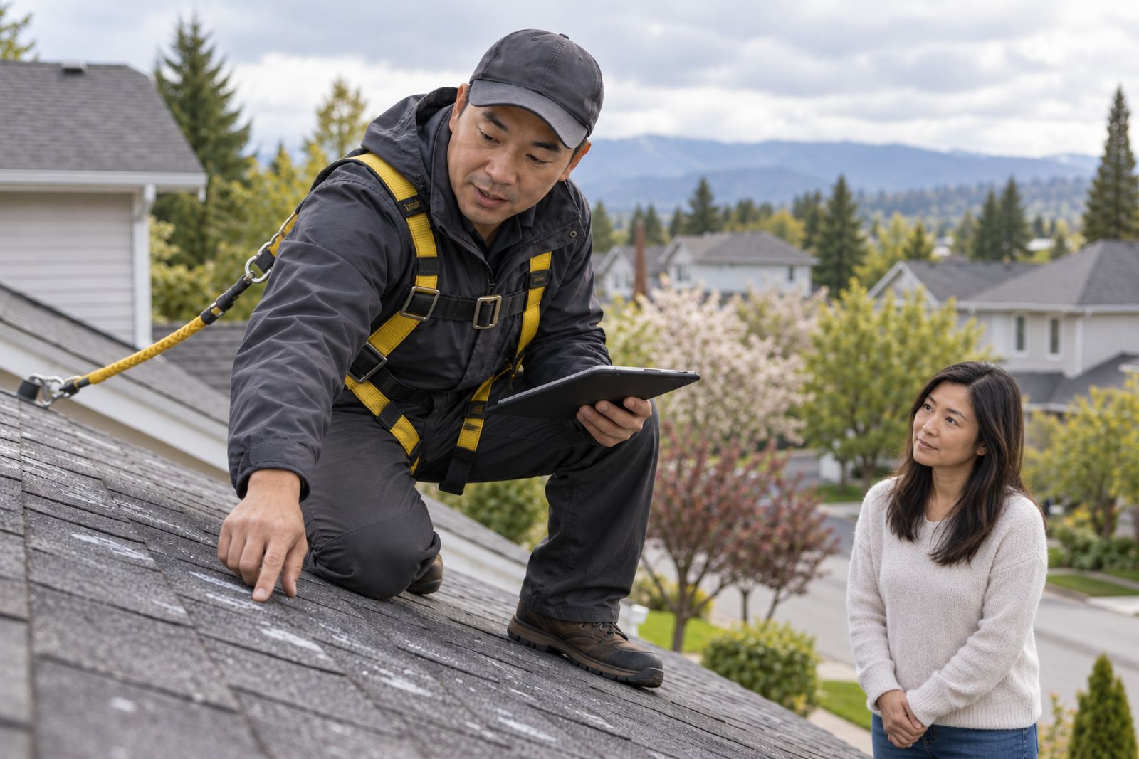 Roofer inspecting shingles after a hailstorm