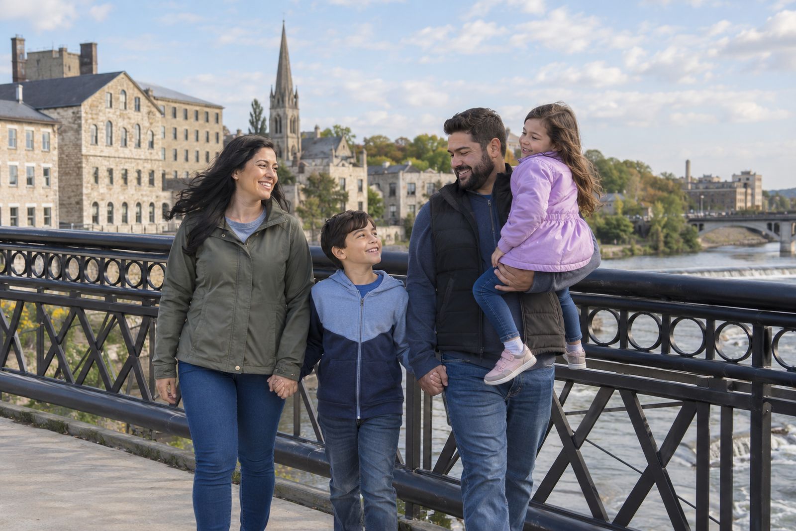Family on a bridge over the Grand River in Cambridge