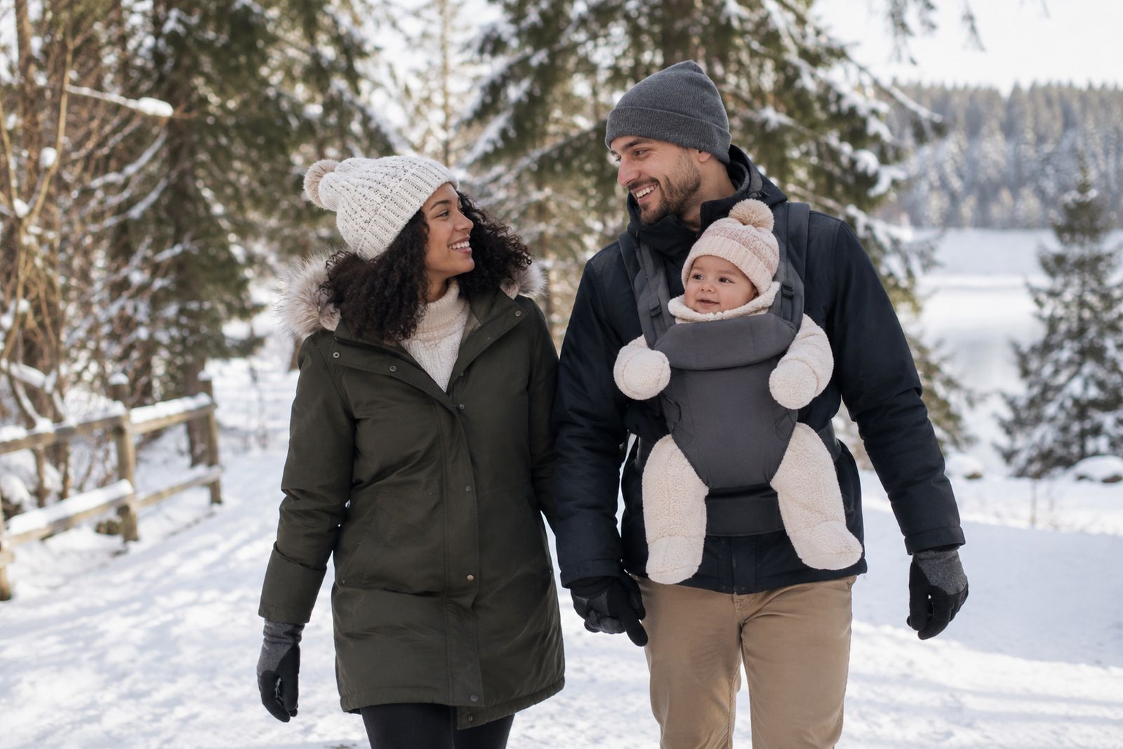 Young family with a baby walking through a snowy park