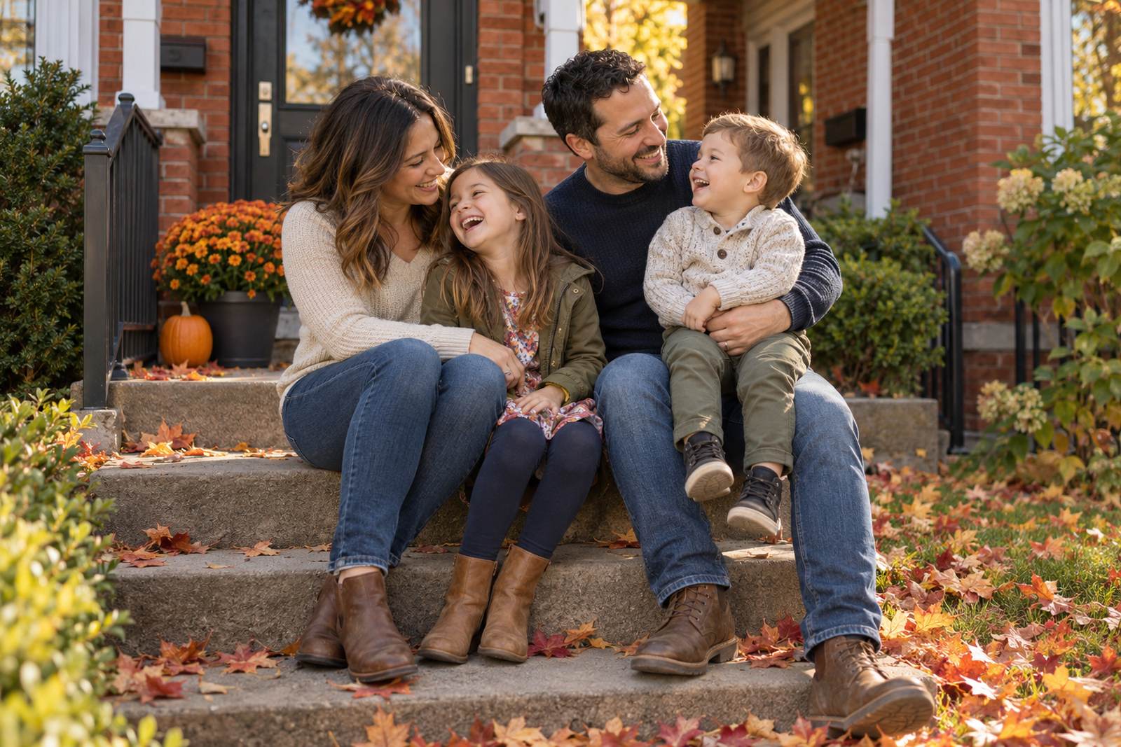 Canadian family laughing together on the front steps of their home in autumn