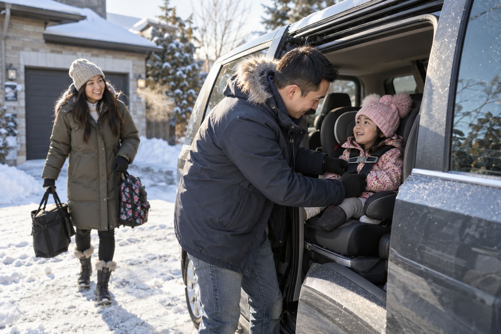 Parent buckling a child into a car seat on a winter morning