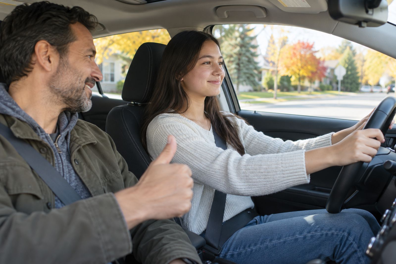 Teen learning to drive with a parent in the passenger seat