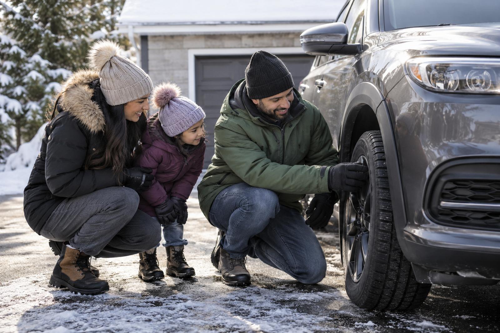 Family checking their car's winter tires