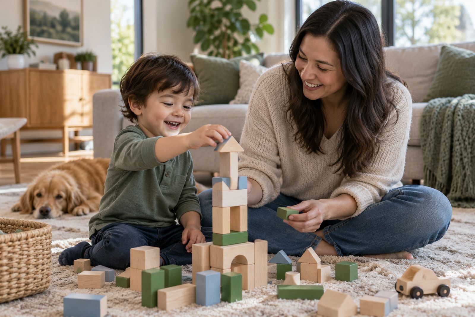 Parent and young child playing with blocks