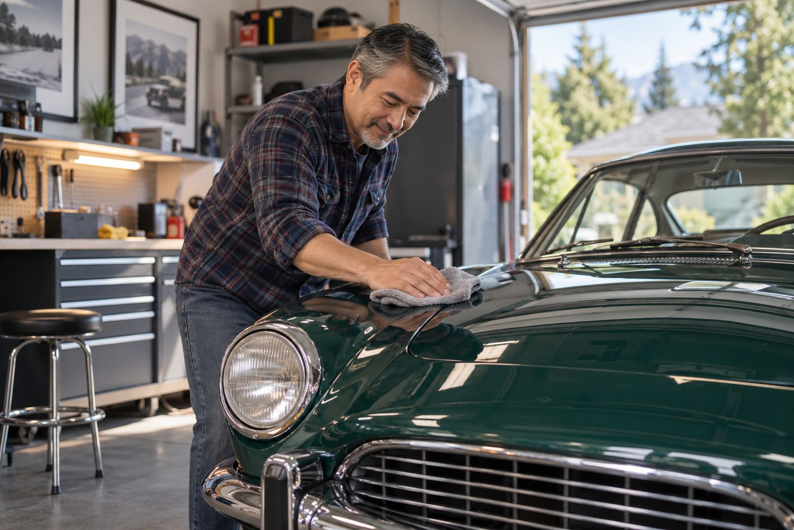 Collector polishing a classic car in his garage