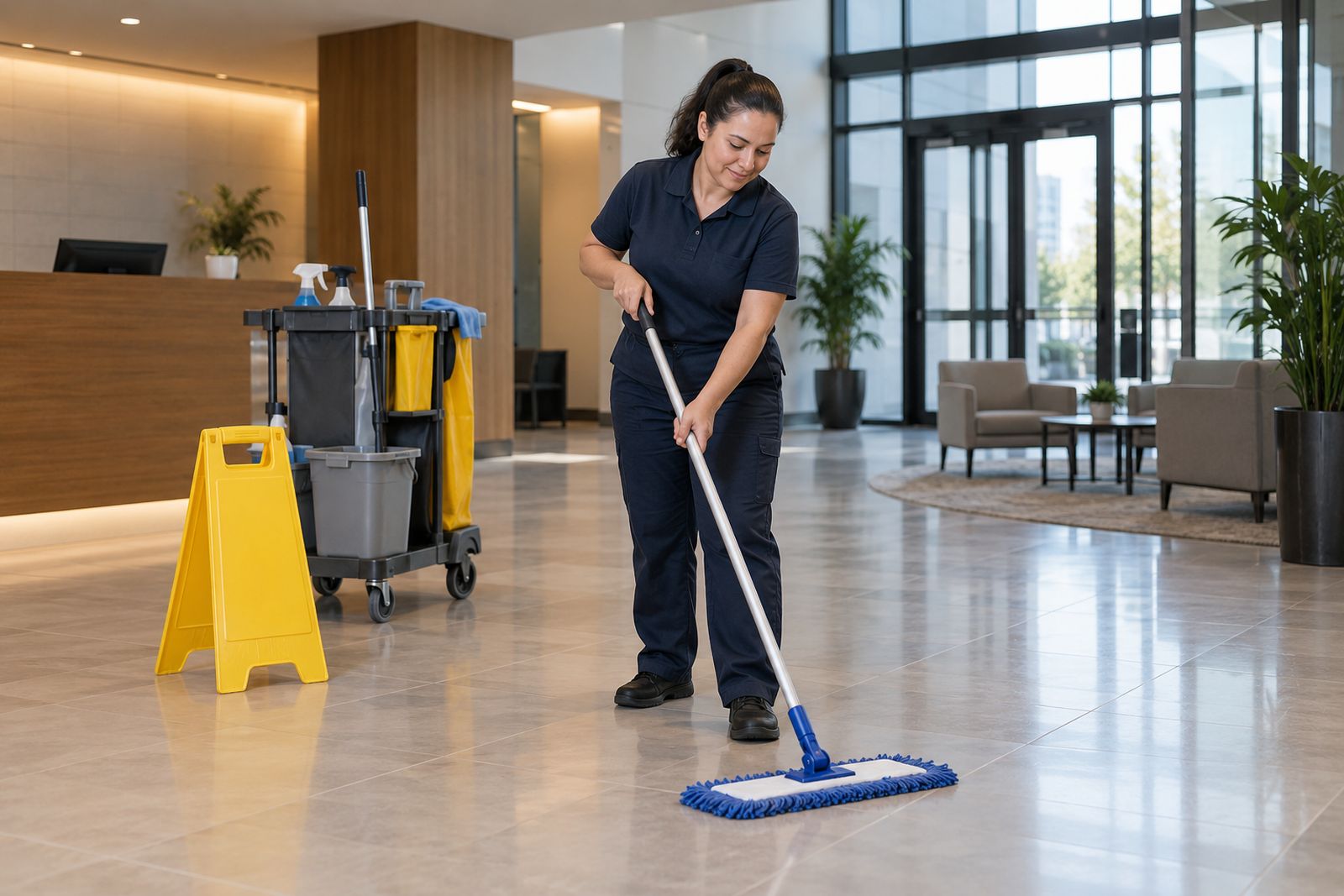Cleaner mopping an office lobby