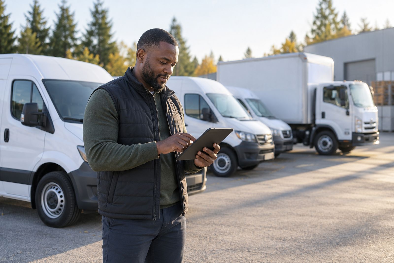 Fleet manager checking vehicles in the yard