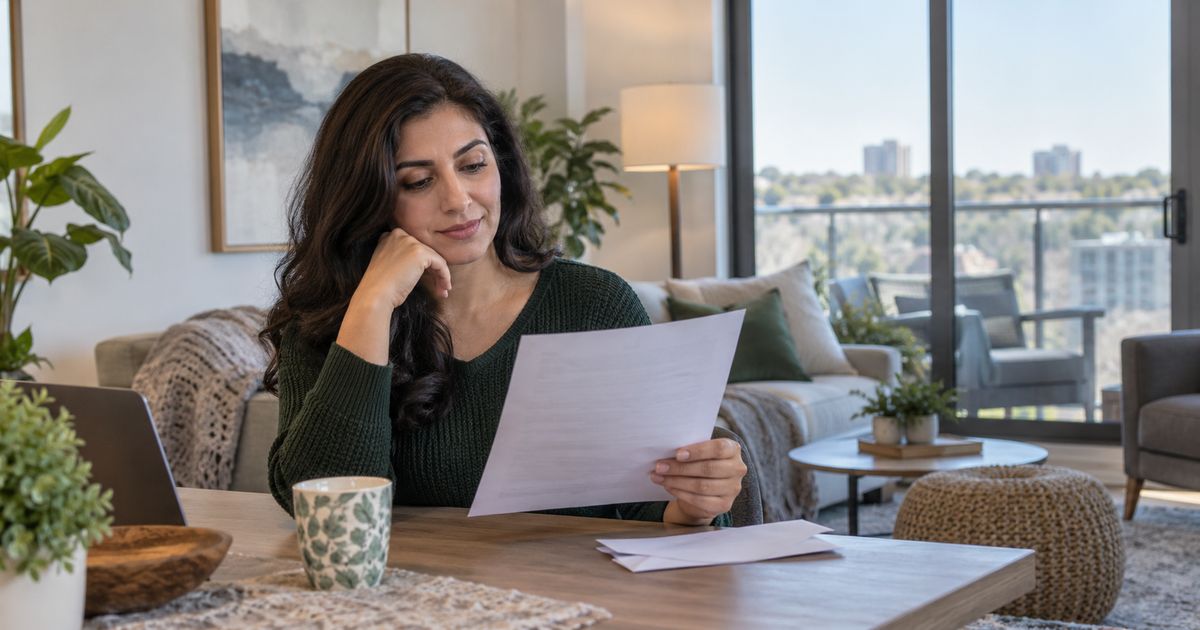 Condo owner reading a notice from her condo corporation