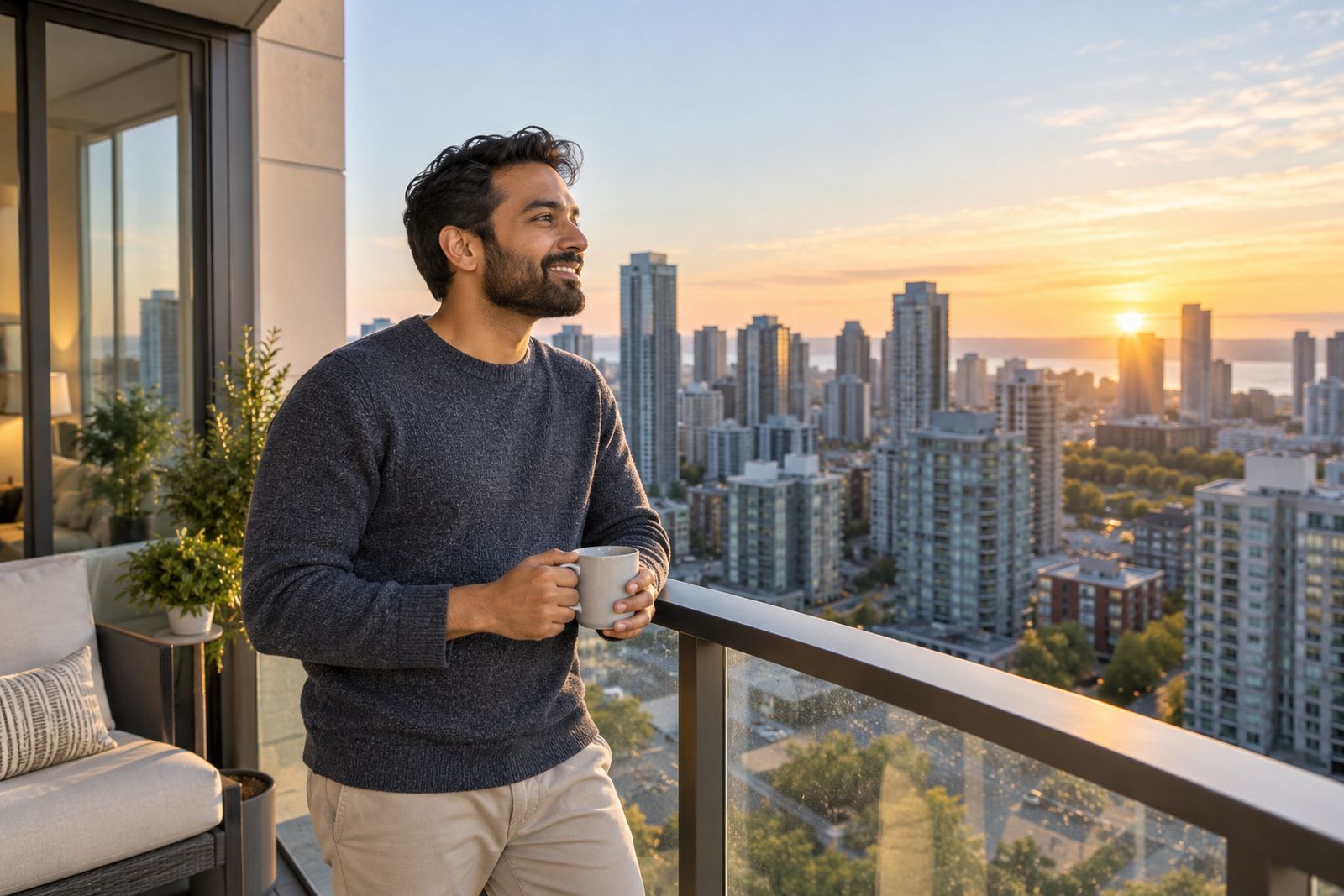 Condo owner with a coffee on his balcony overlooking the city
