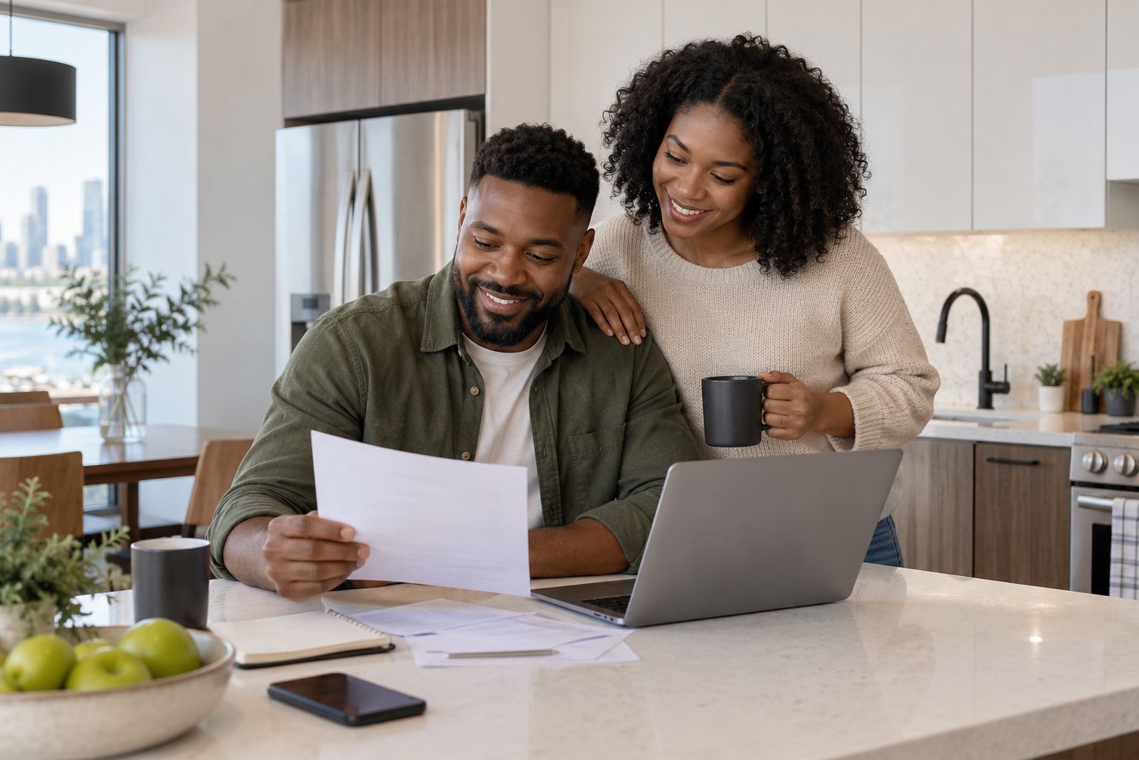 Couple in the renovated kitchen of their condo