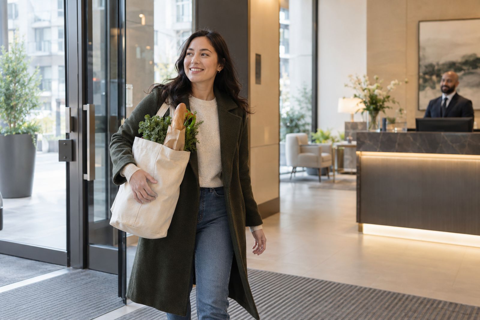 Resident walking into her condo building