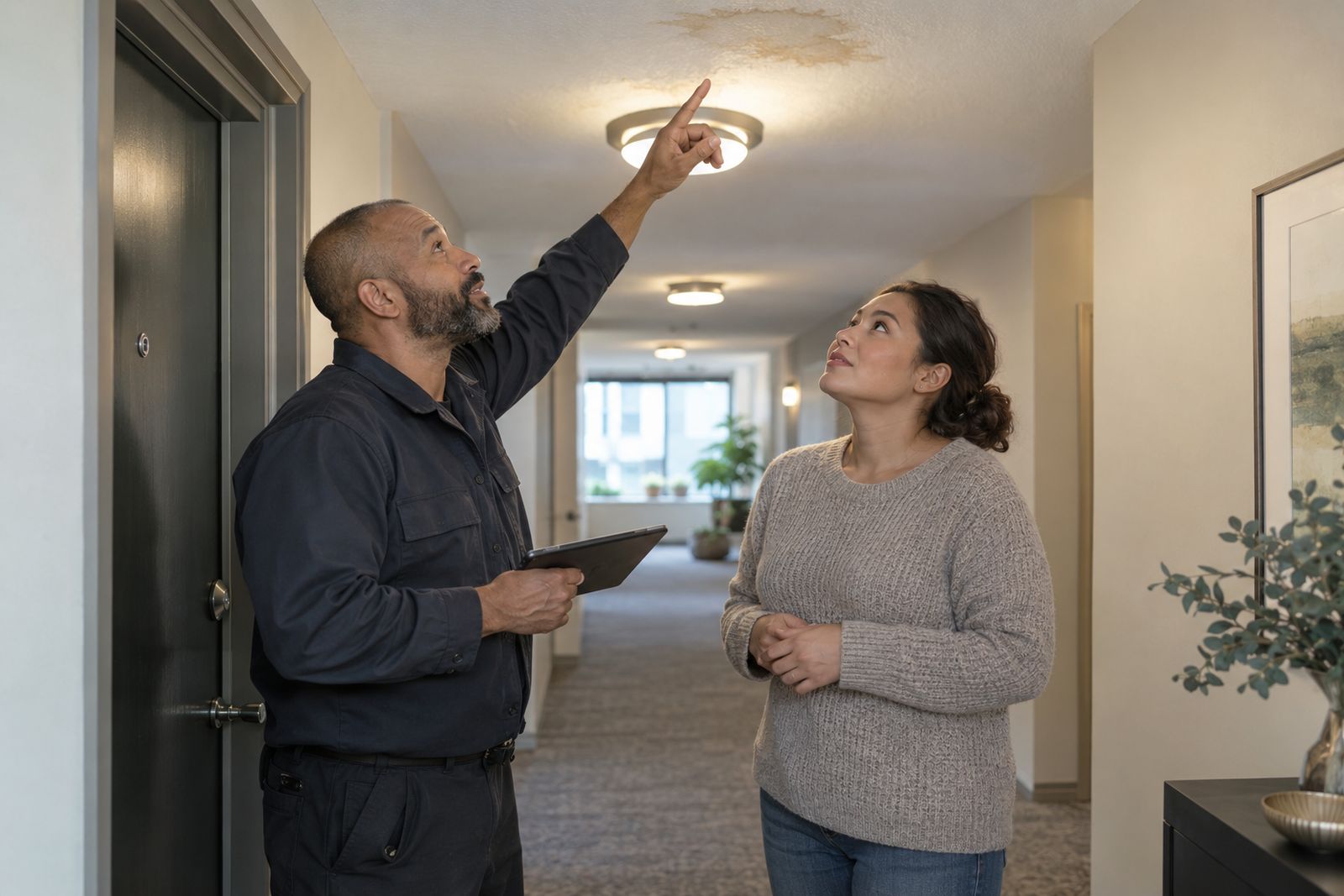 Superintendent and resident checking a ceiling leak in a condo hallway