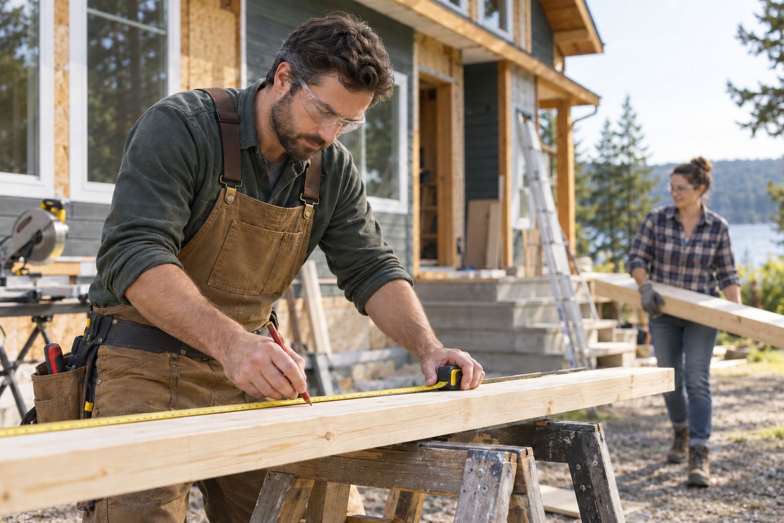 Carpenter measuring lumber outside a renovation project