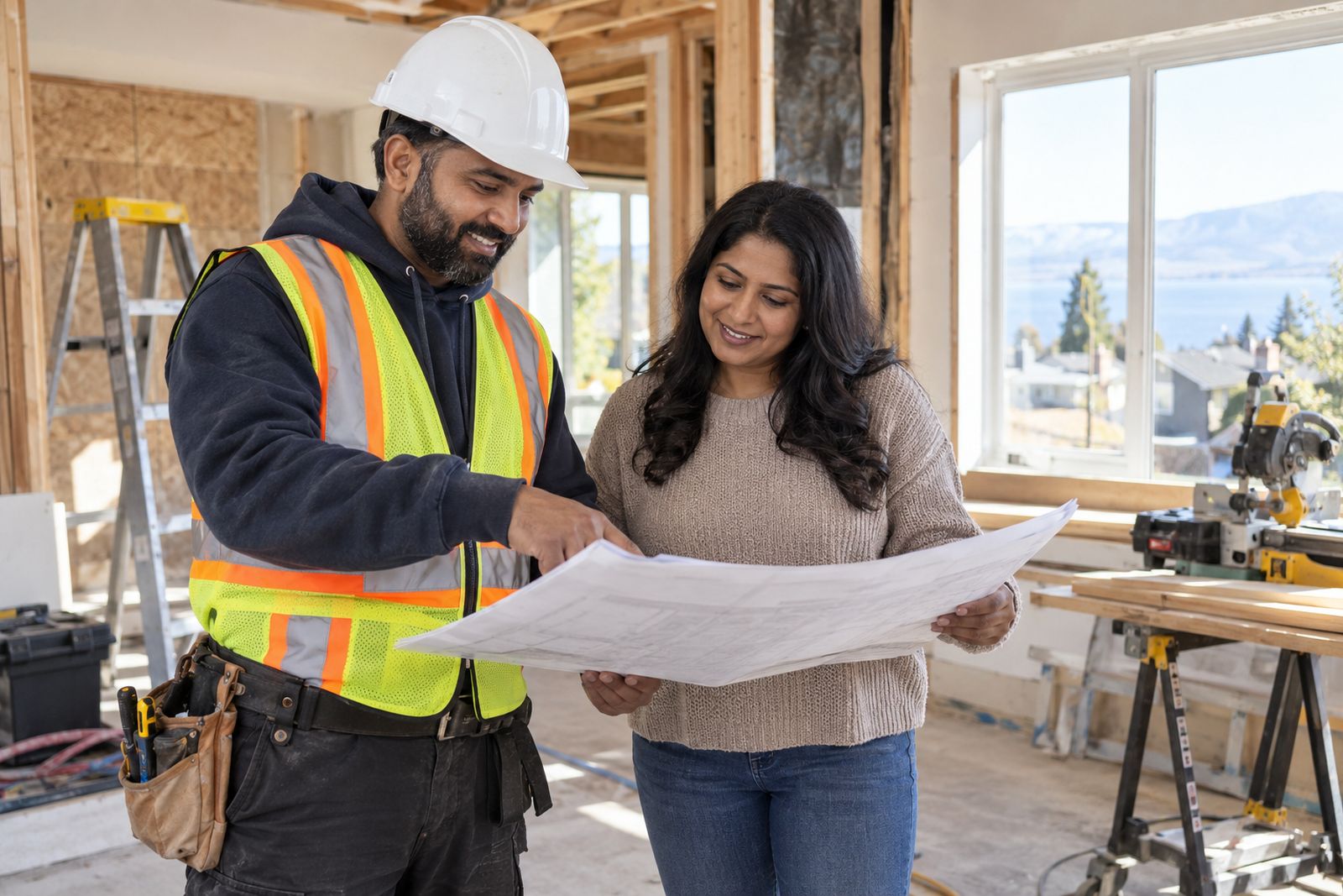 Contractor reviewing plans with a homeowner on a job site