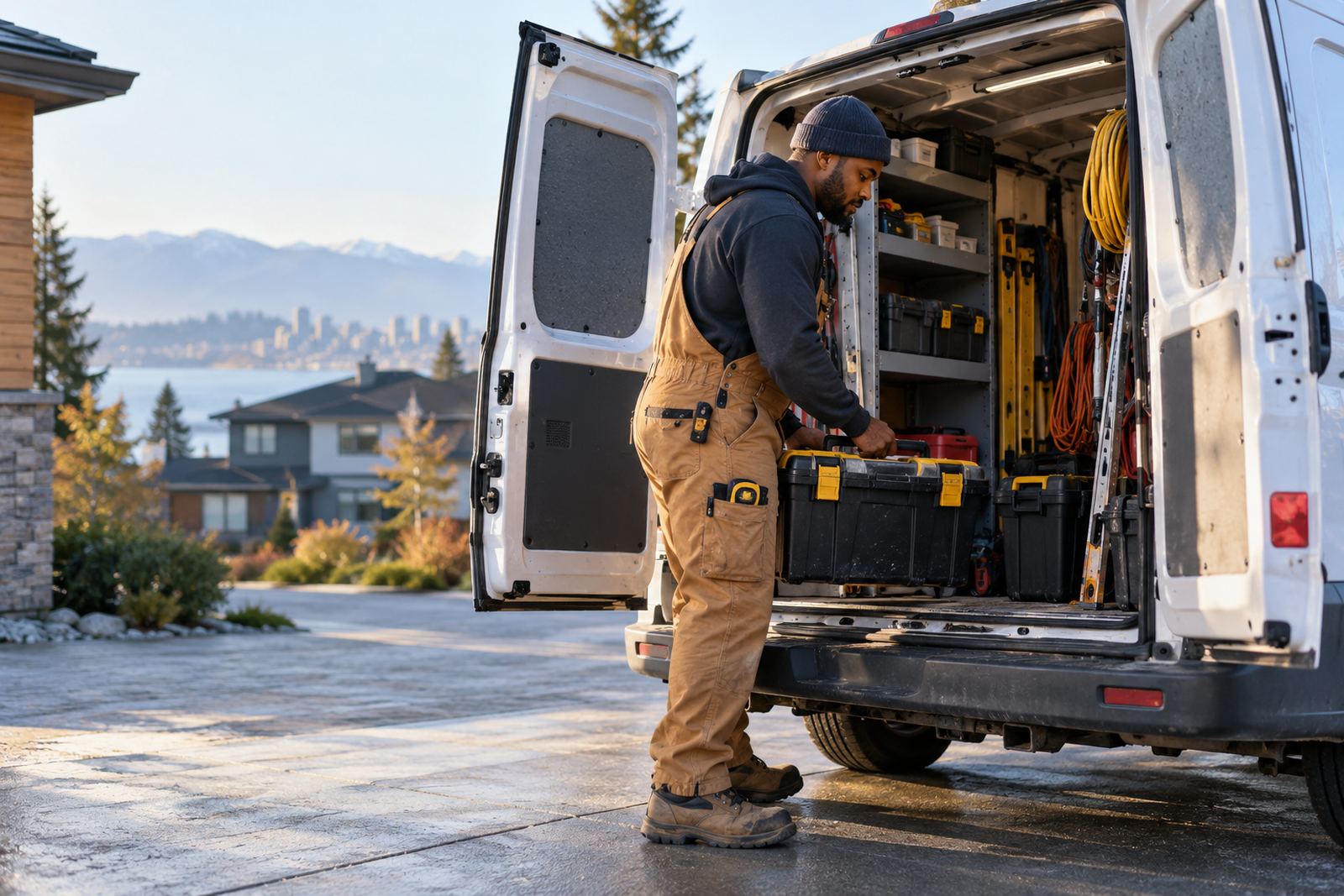 Tradesperson loading tools into a work van