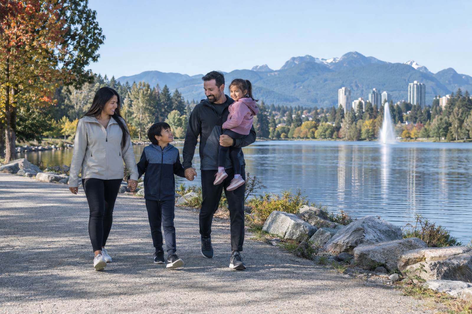 Family walking around Lafarge Lake in Coquitlam