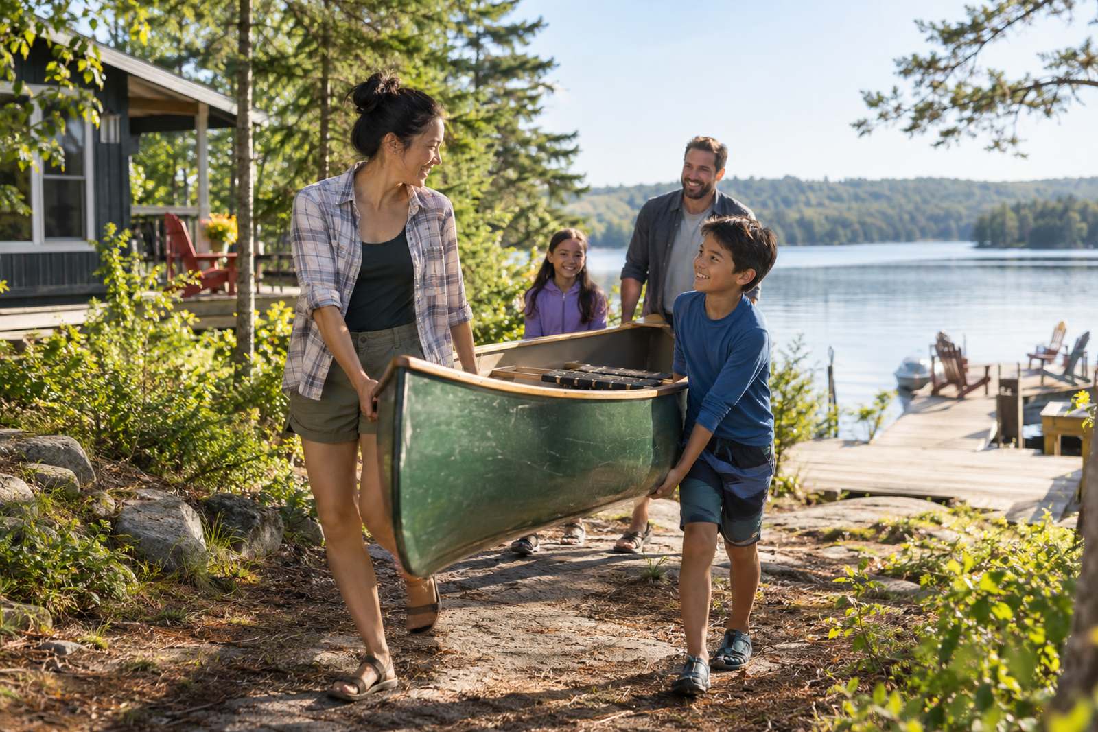 Family carrying a canoe to the dock at their cottage