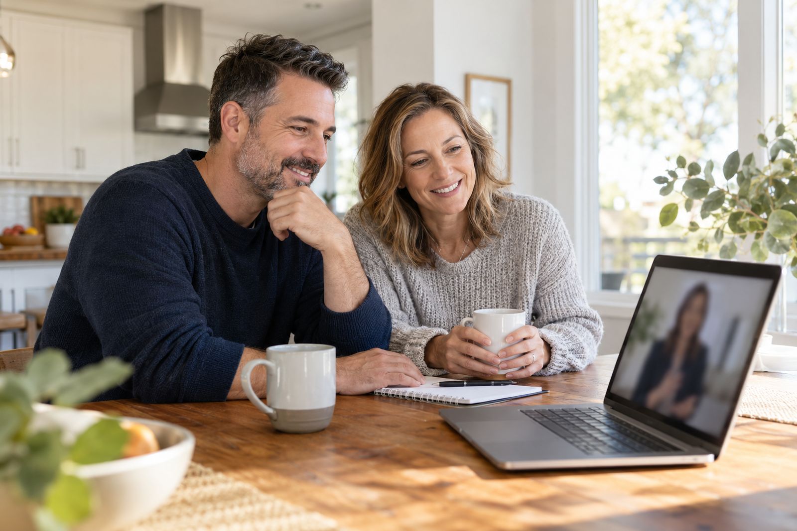 Couple at a kitchen table on a video call with a licensed insurance advisor