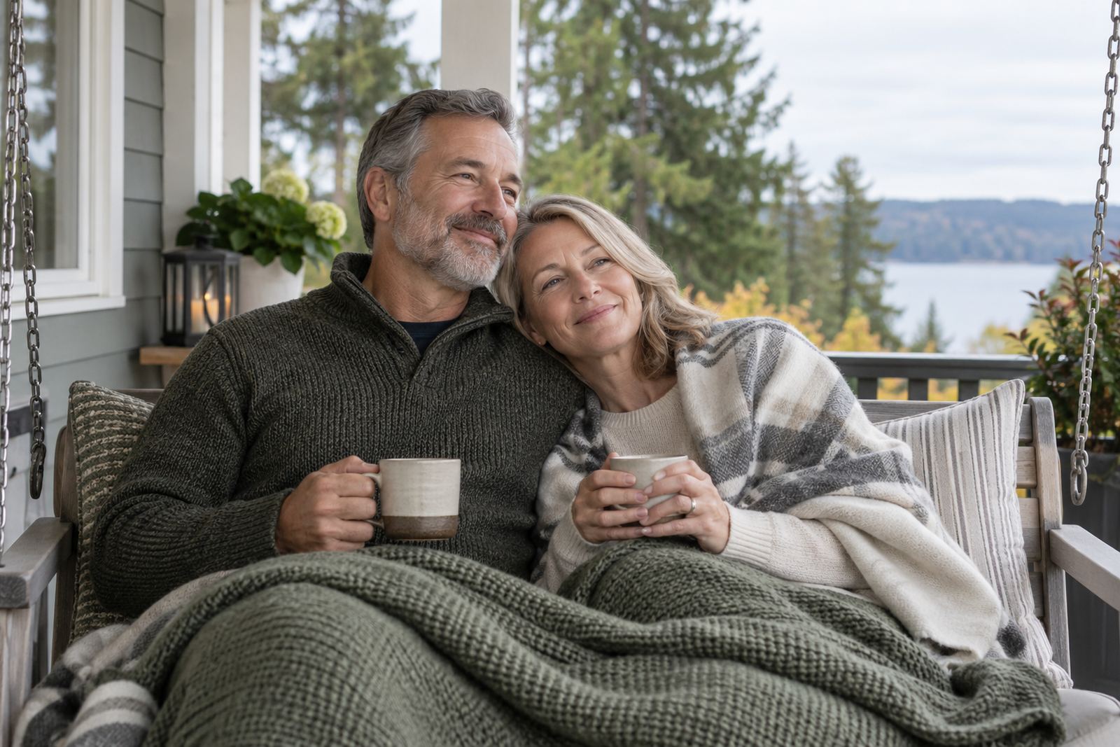 Couple sitting together on a porch swing with tea