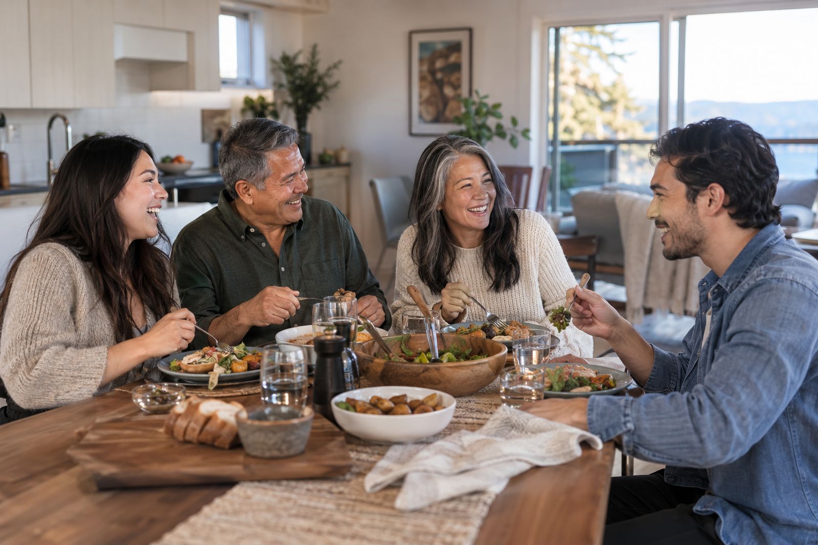 Family sharing a relaxed dinner at home
