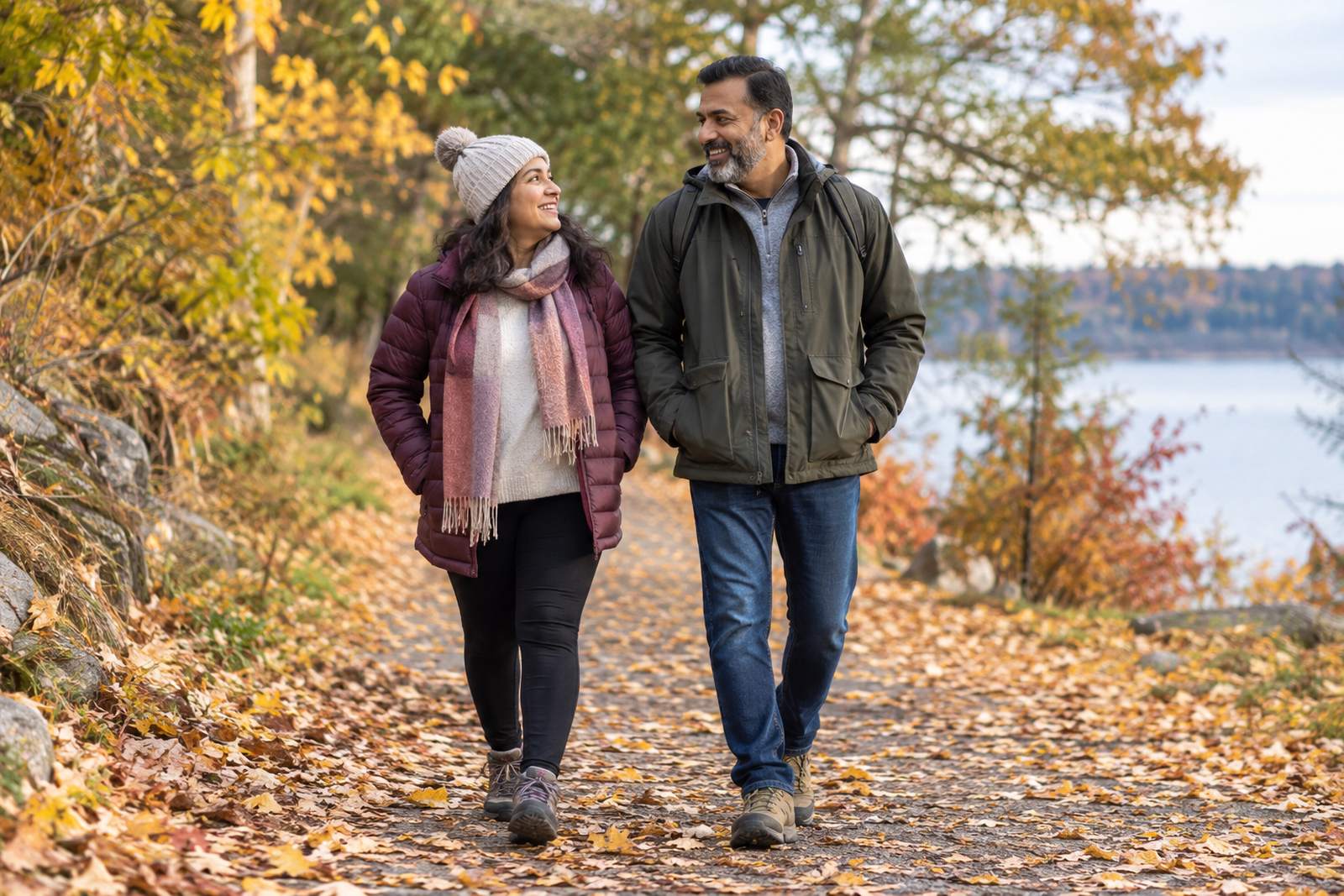 Woman walking an autumn trail with her partner during recovery