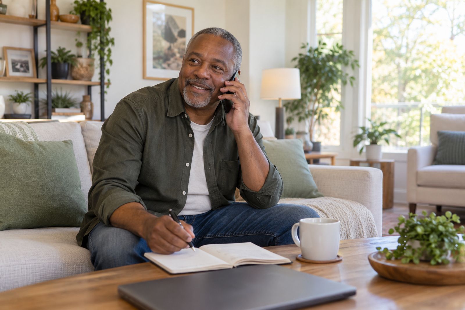 Man at home on the phone with a licensed insurance advisor