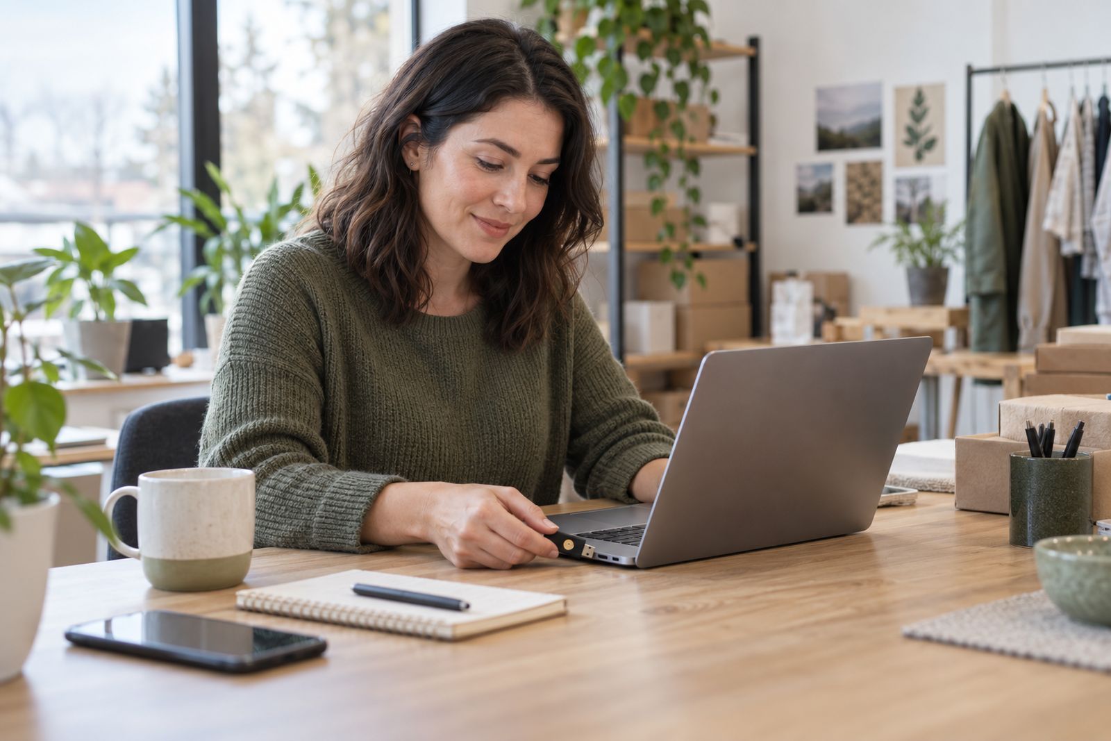 Business owner securing her laptop