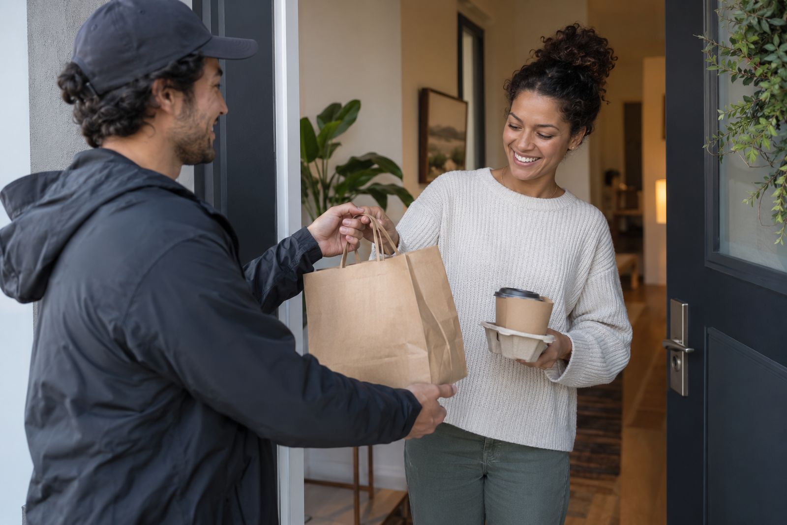 Delivery driver handing an order to a customer
