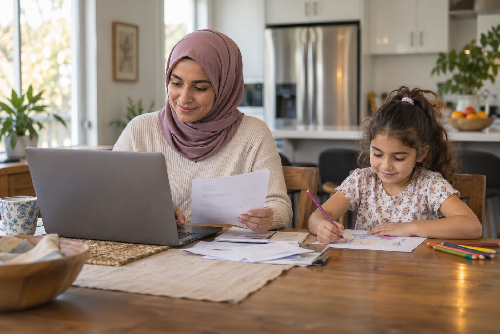 Parent paying household bills while their child draws nearby