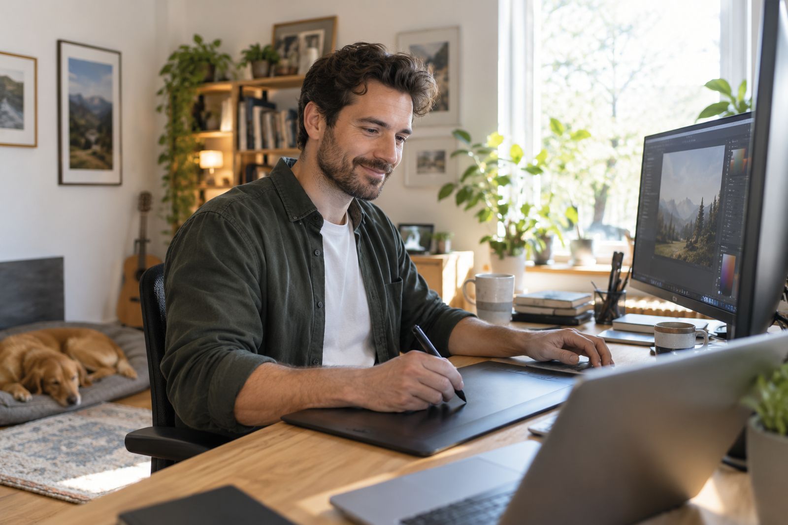 Self-employed designer working in his home studio