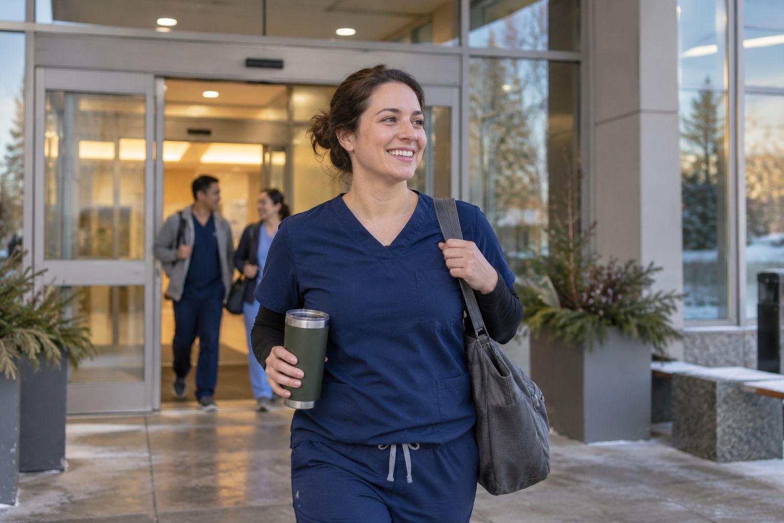 Nurse leaving the hospital after a shift