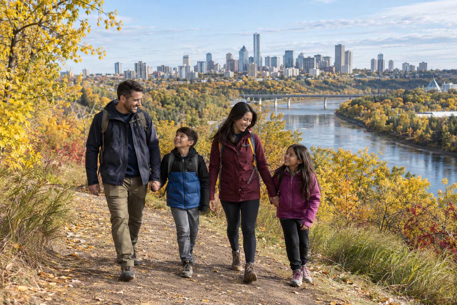 Family on a River Valley trail in Edmonton