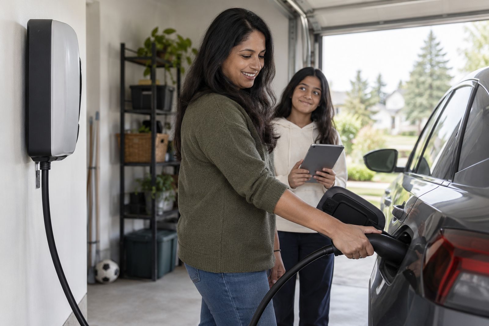 Woman charging her electric car at home