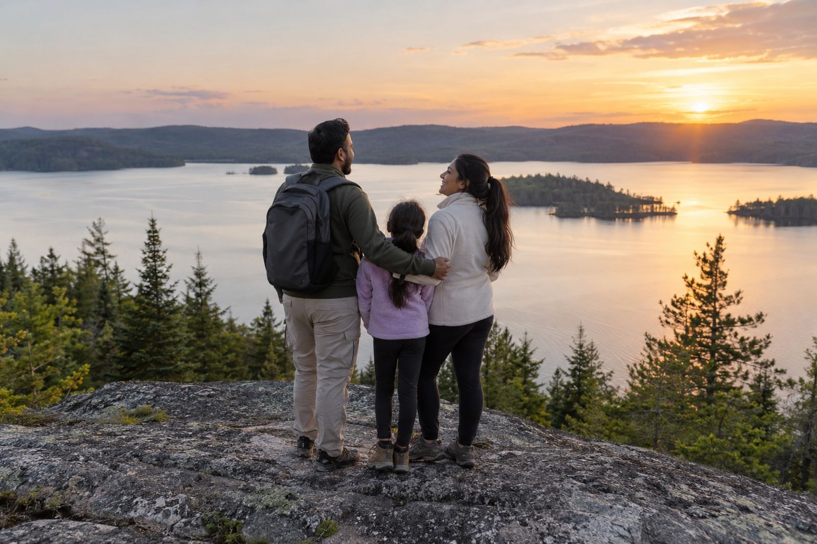 Family overlooking a Canadian lake and forest at sunset