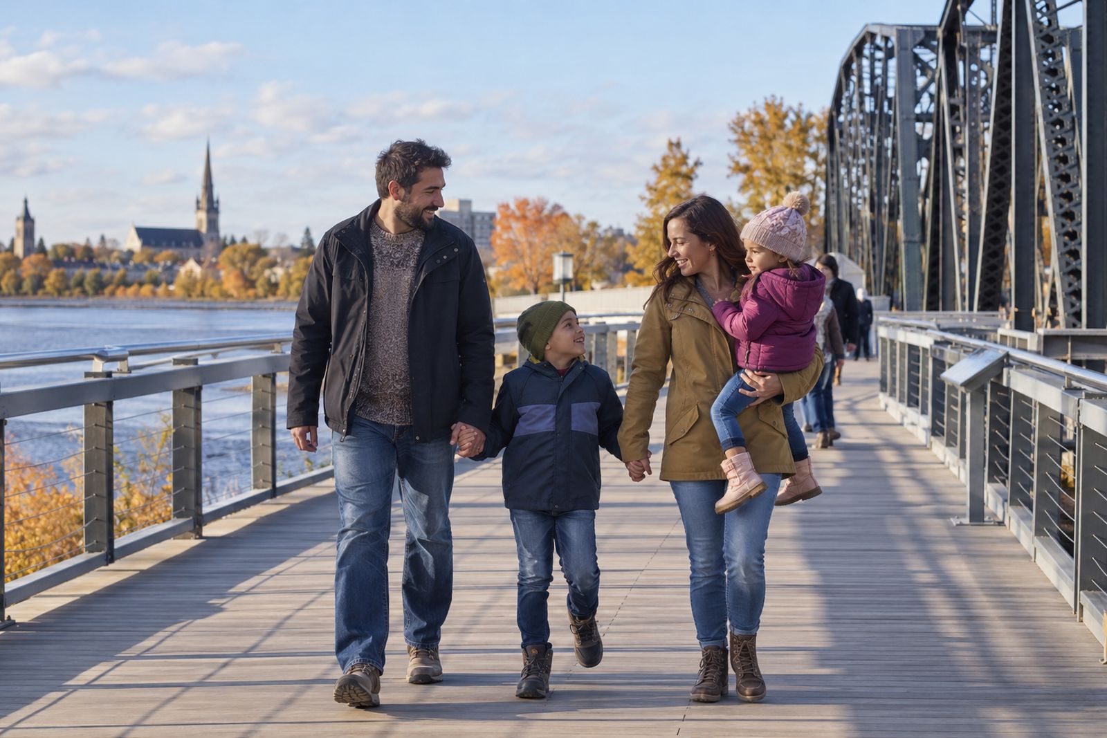 Family on the walking bridge over the Saint John River in Fredericton